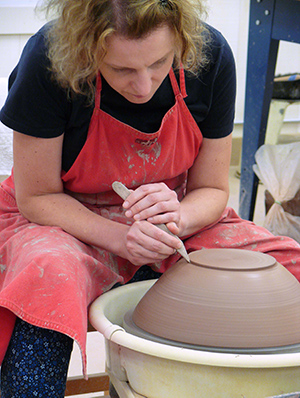 Jemma Gascoine in Monson Pottery Workshop